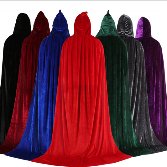 Black velvet hooded cosplay cape from Mcroons, featuring a flowing design and detailed hood for costume or cosplay outfits.