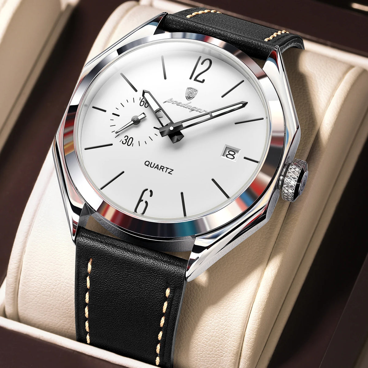 Poedagar 689 Men's Luxury Quartz Watch – Leather Strap, Waterproof, Luminous, Date