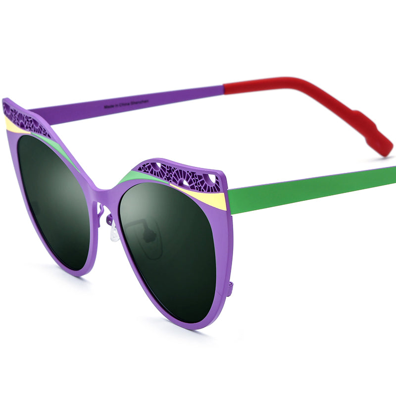 Colourful Titanium Hollow-Out Cat Eye Polarised Sunglasses - Purple Green Frame Dark Green Lens - MCROONS