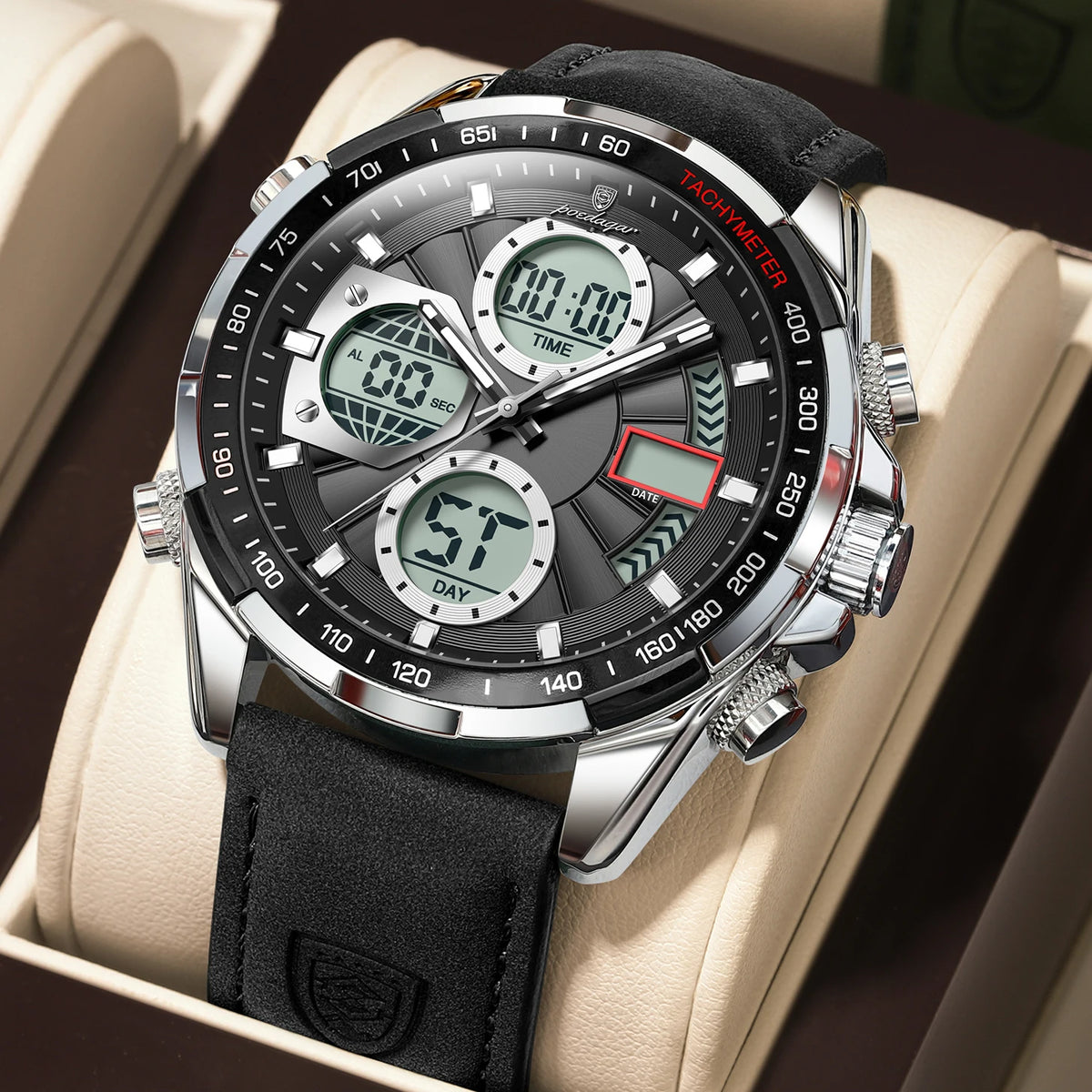Poedagar E108 Men's Luxury Chronograph Quartz Watch – Leather Strap, Waterproof, Luminous, Date