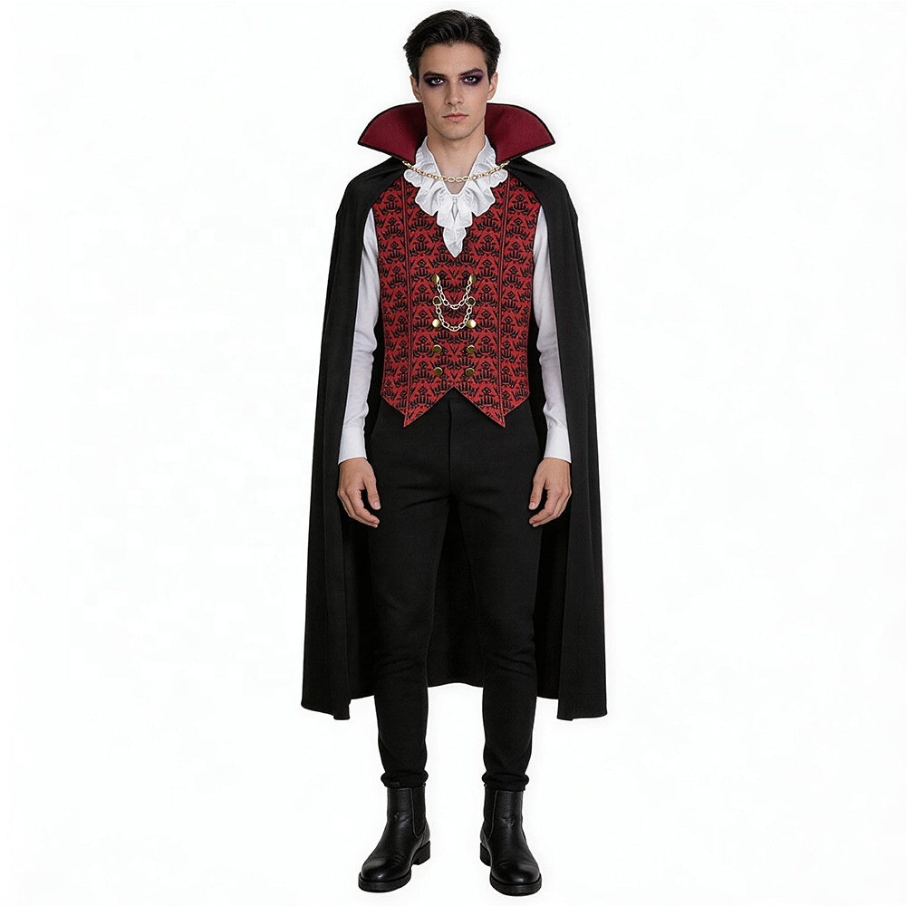 HD image of MCROONS Count Dracula Gothic Vampire Halloween costume featuring a classic black cape, red vest, and vampire fangs.