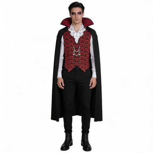 HD image of MCROONS Count Dracula Gothic Vampire Halloween costume featuring a classic black cape, red vest, and vampire fangs.