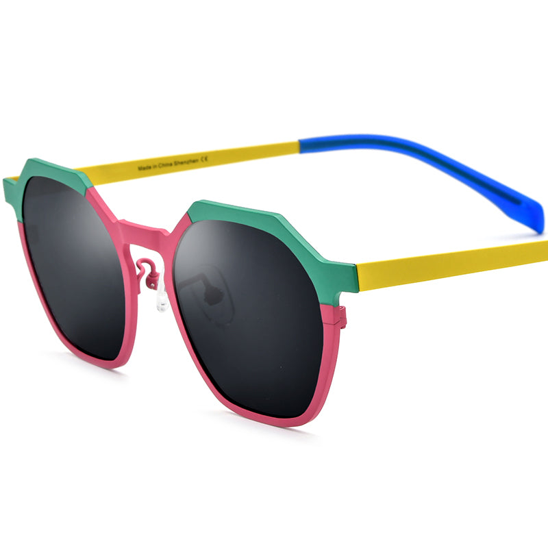 Colourful Titanium Polygon Polarised Sunglasses Retro - Green Red - MCROONS
