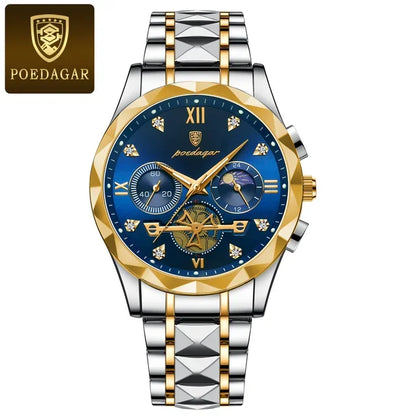 Poedagar 996 Men's Luxury Chronograph Quartz Watch – Stainless Steel Band, Waterproof, Luminous, Date