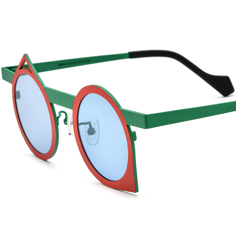 Colourful Titanium Irregular Polarised Sunglasses Retro - Red Green Frame Blue Lens - MCROONS