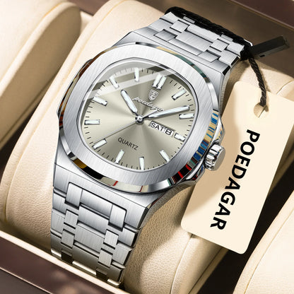 Poedagar 853 Men's Luxury Quartz Watch – Stainless Steel Band, Waterproof, Luminous, Date