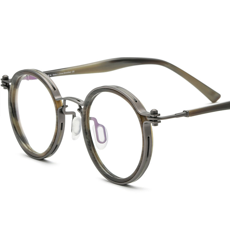 Vintage Two-Tone Round Acetate Metal Optical Glasses Frame - Grey - MCROONS