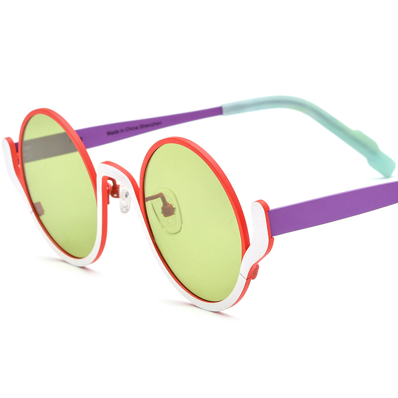 Colourful Titanium Round Polarised Sunglasses - Red White Frame Green Lens - MCROONS
