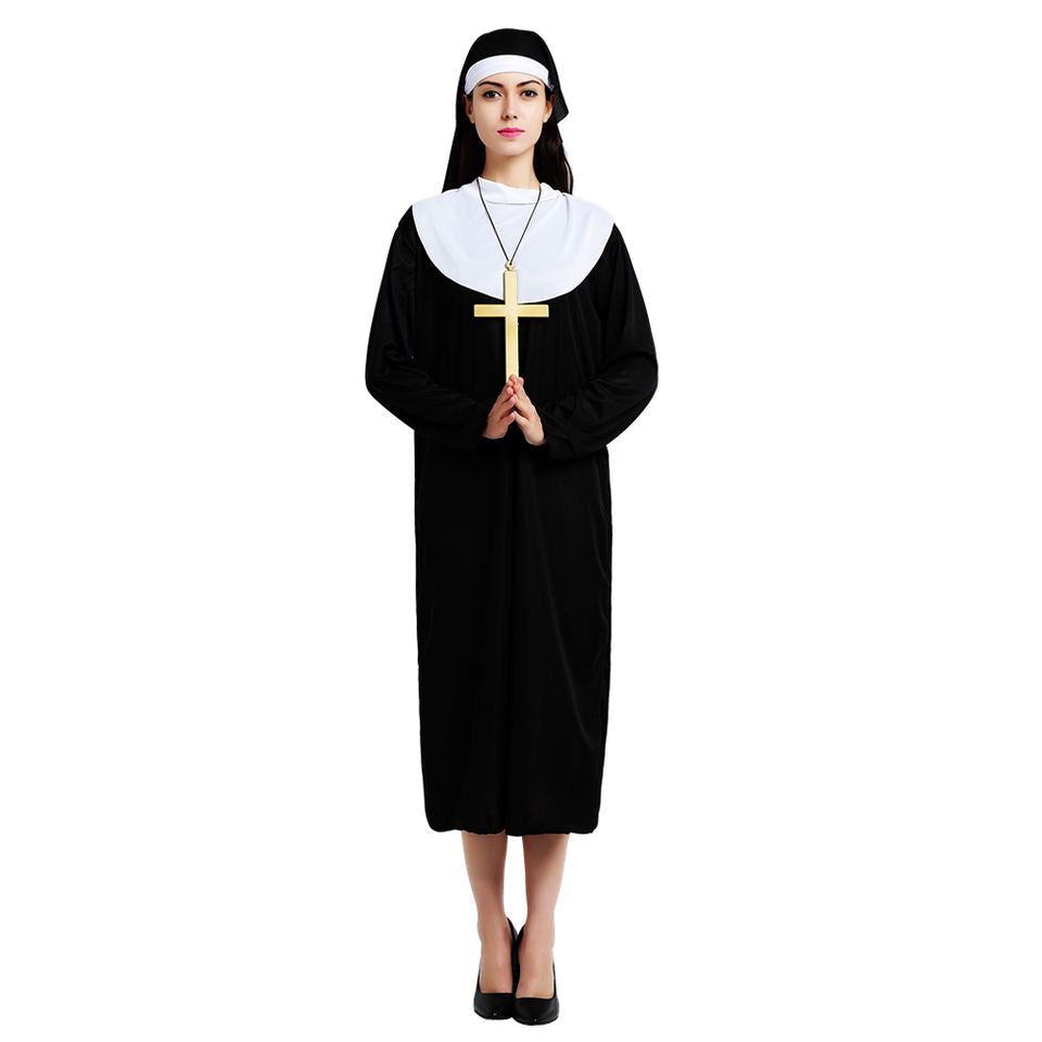 HD image of MCROONS Black Robe Nun Costume showcasing the full-length black religious-style dress with white collar and headpiece.