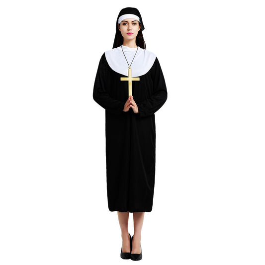 HD image of MCROONS Black Robe Nun Costume showcasing the full-length black religious-style dress with white collar and headpiece.