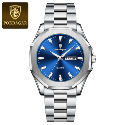 Poedagar 875 Men's Luxury Quartz Watch – Stainless Steel Band, Waterproof, Luminous, Date