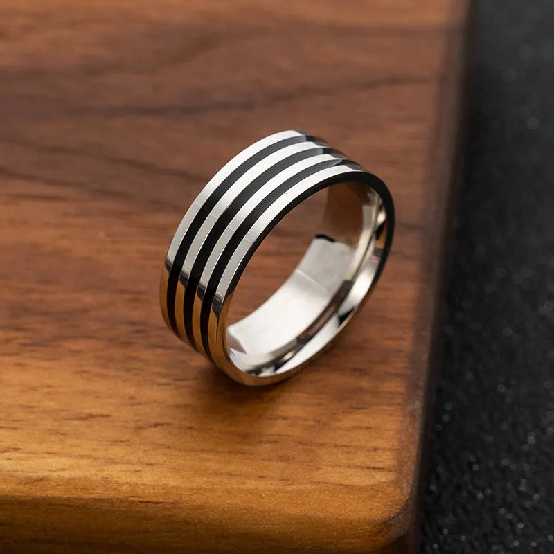 MCROONS stainless steel ring black enamel lines