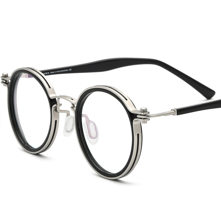 Vintage Two-Tone Round Acetate Metal Optical Glasses Frame - Silver Black - MCROONS