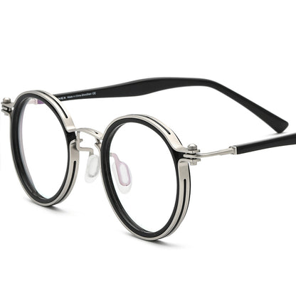 Vintage Two-Tone Round Acetate Metal Optical Glasses Frame - Silver Black - MCROONS