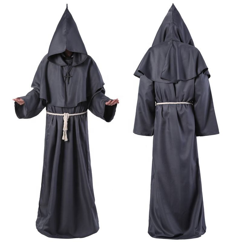 Black hooded monk robe costume by Mcroons featuring a long, flowing fabric with a hood and belt for a medieval or fantasy look.