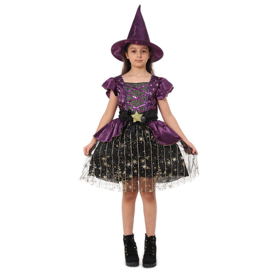 Kids witch performer costume set by MCROONS featuring a black hat, cape, and accessories suitable for dress-up or Halloween.