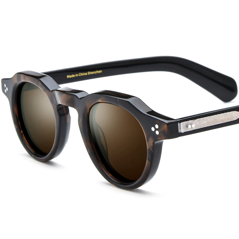 Polarised Round Acetate Sunglasses Multicolour Mirrored - Leopard/Brown Lens - MCROONS