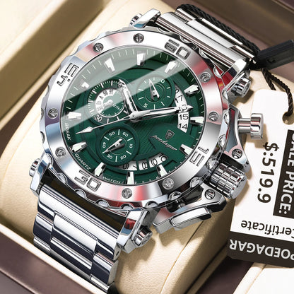 Poedagar 892 Men's Luxury Chronograph Quartz Watch – Stainless Steel Band, Waterproof, Luminous, Date