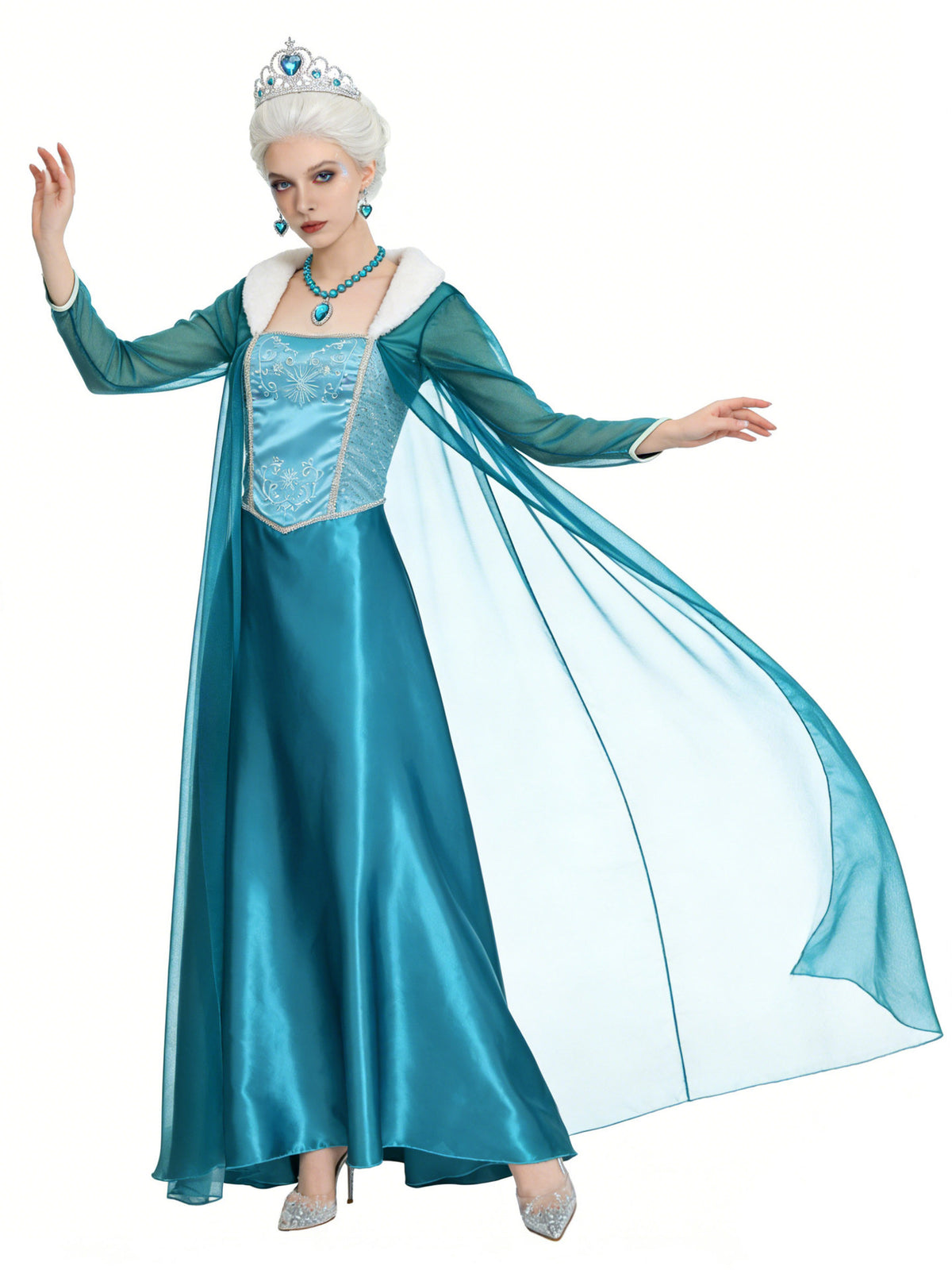 Blue Ice Queen fantasy ball gown costume by MCROONS featuring shimmering fabric and regal design for Halloween or cosplay.