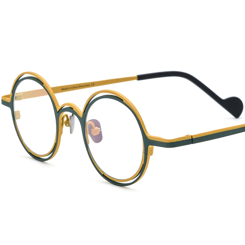 Titanium Round Optical Glasses Frame Vintage Retro Colour - Green Gold - MCROONS