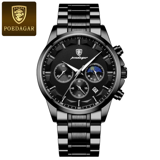 Poedagar 928 Men's Luxury Chronograph Quartz Watch – Stainless Steel Band, Waterproof, Luminous, Date