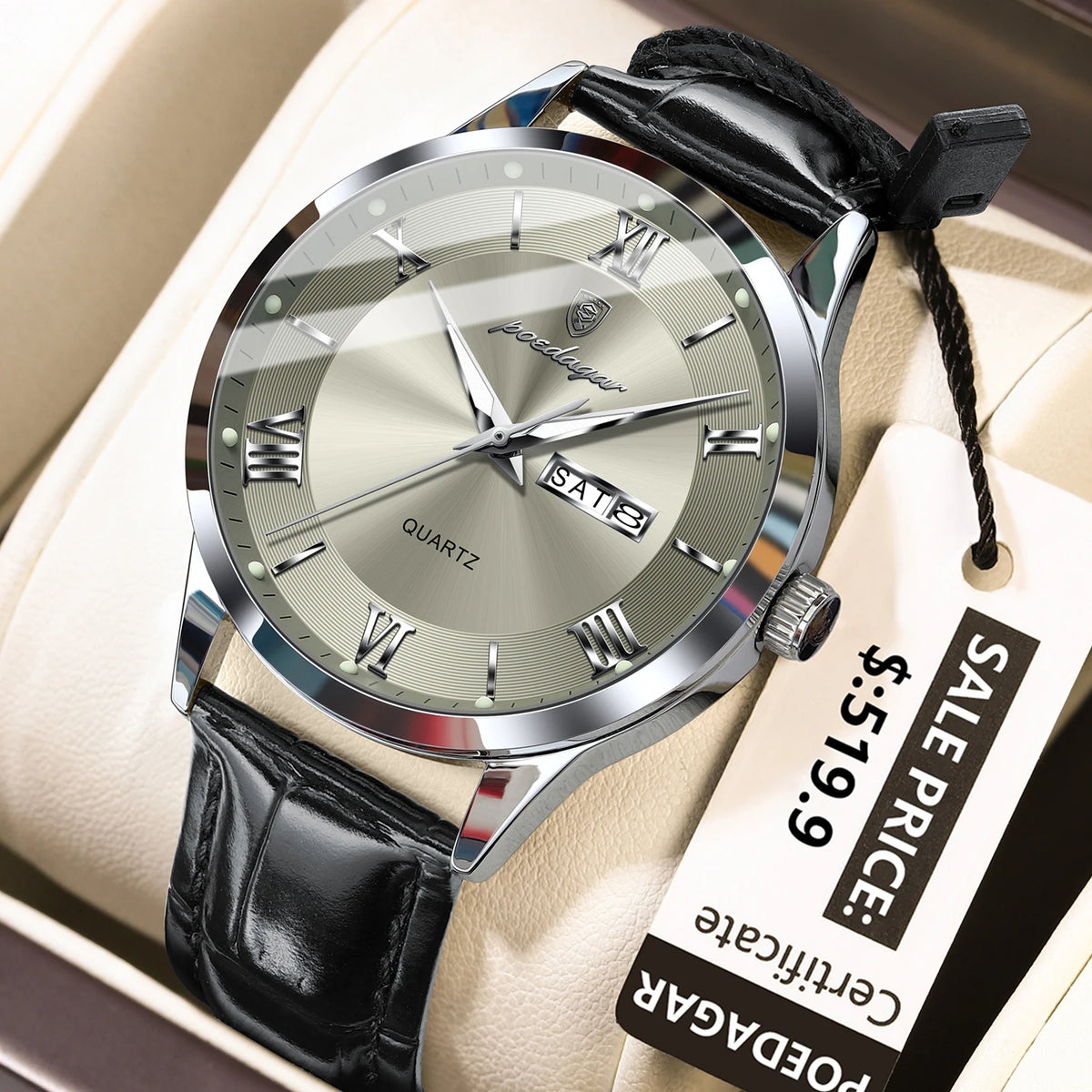 Poedagar 978 Men's Luxury Quartz Watch – Leather Strap, Waterproof, Luminous, Date