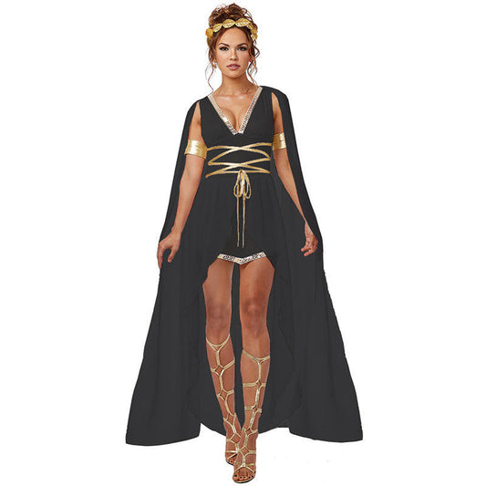 Women’s Greek goddess costume by Mcroons featuring a flowing dress inspired by Cleopatra and Athena styles.