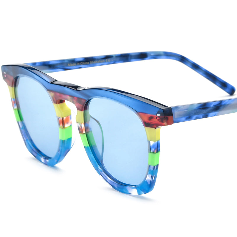 Vintage Multicolour Round Acetate Polarized Mirrored Sunglasses - Blue Blue Lens - MCROONS