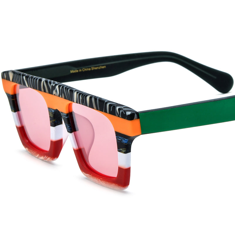 Matte Acetate Square Polarized Sunglasses Vintage - Black Flower Pink Lens - MCROONS