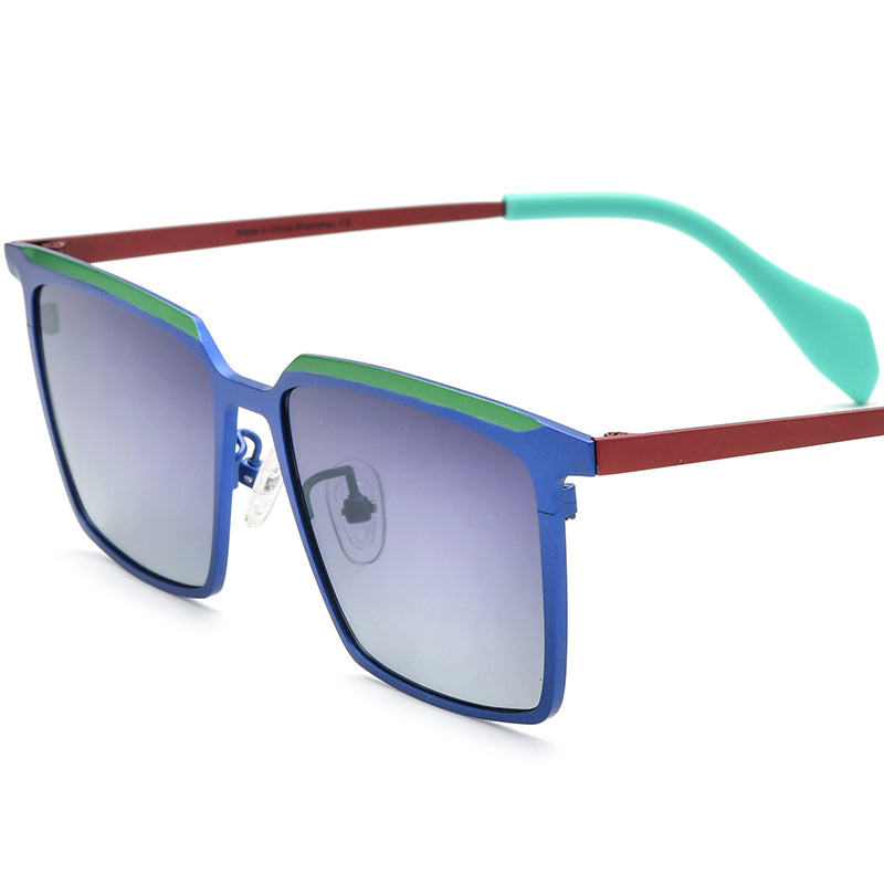 Colourful Retro Titanium Square Sunglasses - Green Blue Gradient Gray Lens - MCROONS