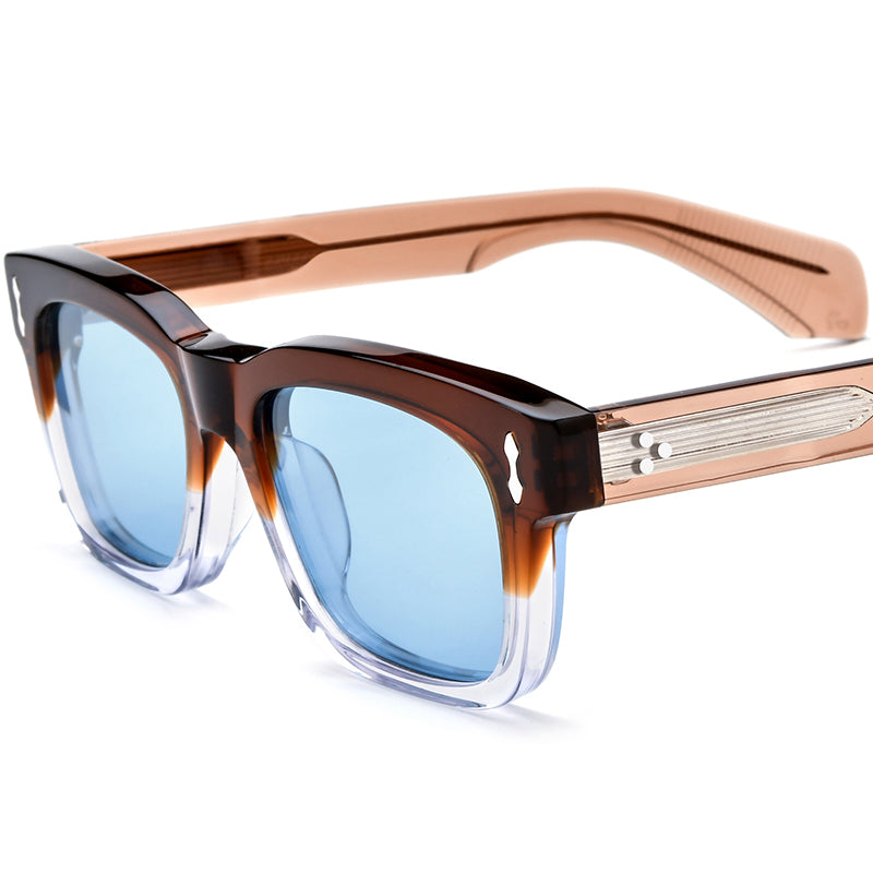 Retro Square Thick Acetate Polarized Mirrored Sunglasses - Brown Blue Lens - MCROONS