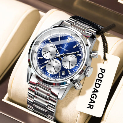Poedagar 921 Men's Luxury Chronograph Quartz Watch – Stainless Steel Band, Waterproof, Luminous, Date