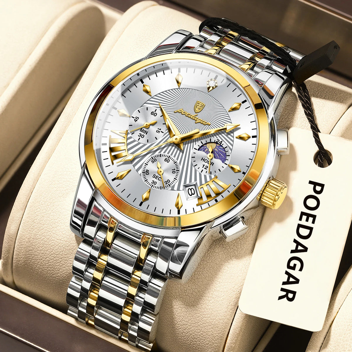 Poedagar 813 Men's Luxury Chronograph Quartz Watch – Stainless Steel Band, Waterproof, Luminous, Date