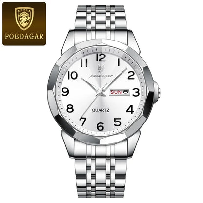 Poedagar 852 Men's Luxury Quartz Watch – Stainless Steel Band, Waterproof, Luminous, Date