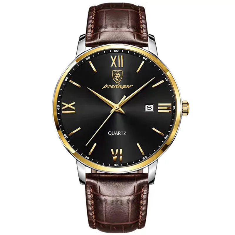 Poedagar 826 Men's Luxury Quartz Watch – Leather Strap, Waterproof, Date