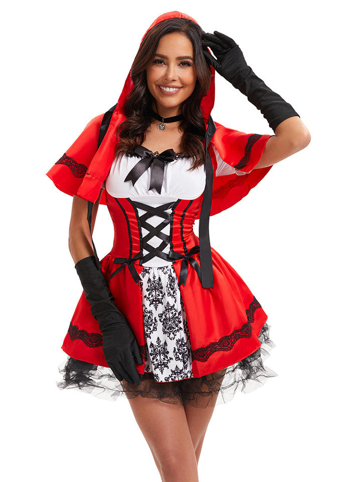 Red hooded cape costume dress by Mcroons, fairytale-themed with flowing fabric and hood, perfect for dress-up or costume events.