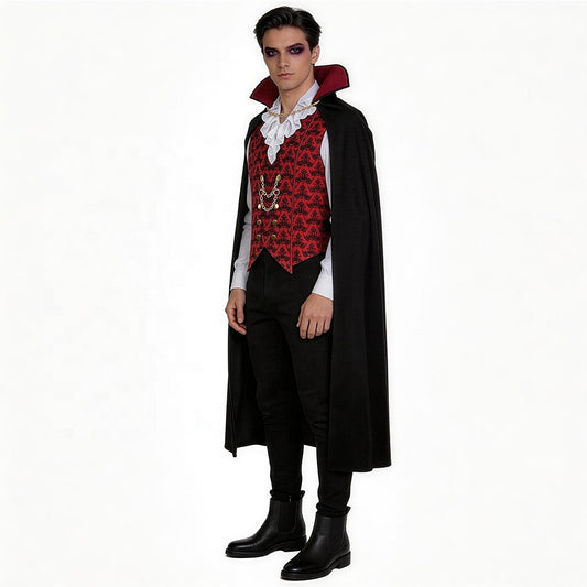 MCROONS Count Dracula Gothic Vampire Halloween costume featuring a dark cape, high collar, and detailed vampire attire.