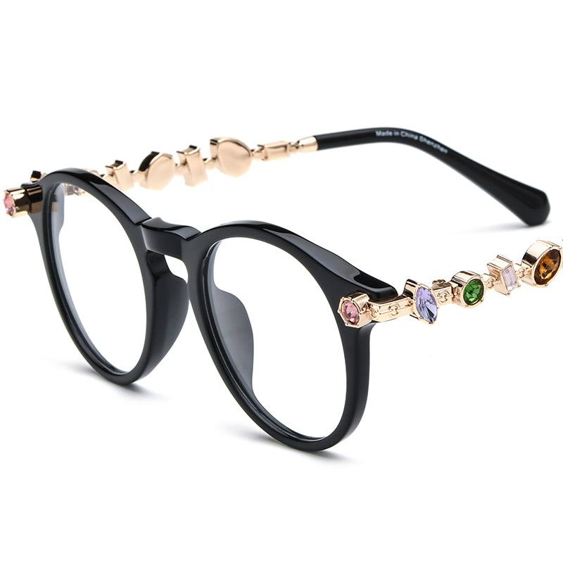 Luxury Round Acetate Optical Glasses Frame with Gem Trim - Black Gold - MCROONS