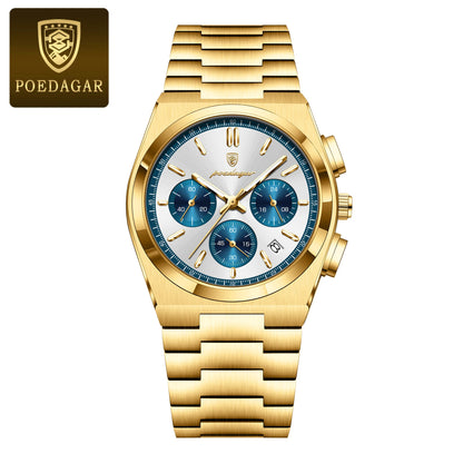 Poedagar 970 Men's Luxury Chronograph Quartz Watch – Stainless Steel Band, Waterproof, Luminous, Date