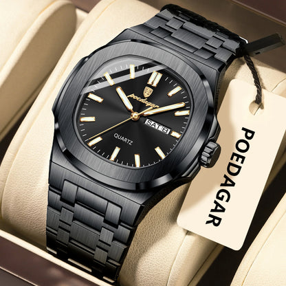 Poedagar 853 Men's Luxury Quartz Watch – Stainless Steel Band, Waterproof, Luminous, Date