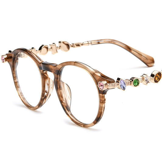 Luxury Round Acetate Optical Glasses Frame with Gem Trim - Brown Stripe - MCROONS