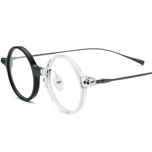 Retro Acetate Titanium Round Optical Glasses - Black Clear - MCROONS