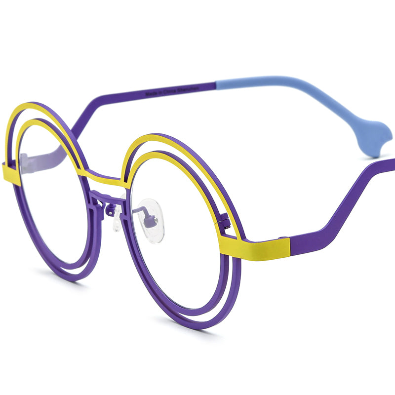 Matte Titanium Double-Ring Round Optical Glasses Frame - Matte Yellow Purple - MCROONS