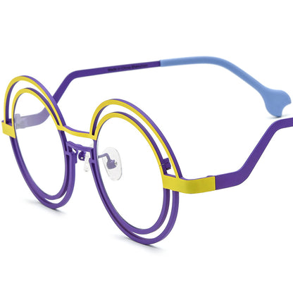 Matte Titanium Double-Ring Round Optical Glasses Frame - Matte Yellow Purple - MCROONS