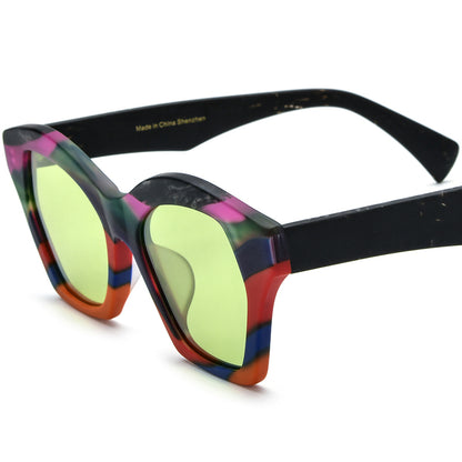 Oversized Matte Acetate Cat Eye Polarized Sunglasses - Purple Green Lens - MCROONS