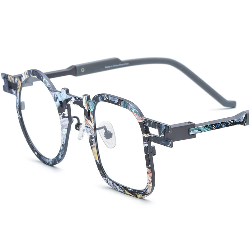 Colourful Print Titanium Square Optical Glasses Frame - Grey - MCROONS