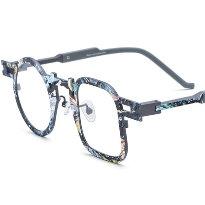 Colourful Print Titanium Square Optical Glasses Frame - Grey - MCROONS