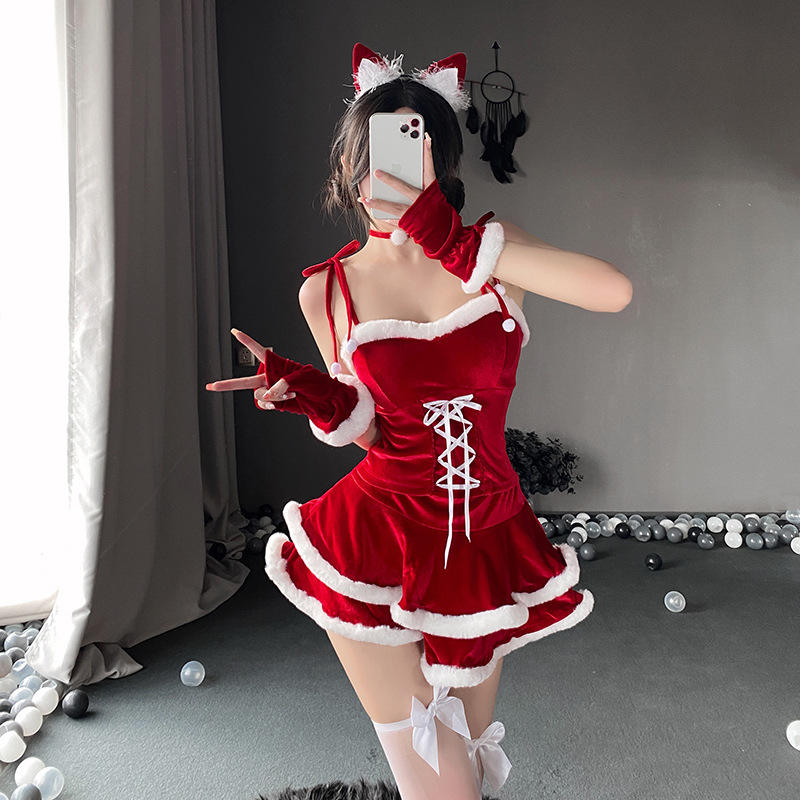 Mcroons Fur Trim Cat Girl Costume Dress with playful cat ears and fur accents, perfect for costumes and dress-up occasions.