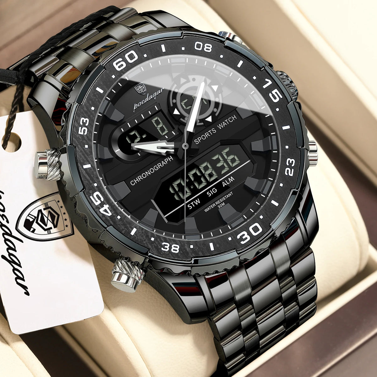 Poedagar E122 Men's Luxury Chronograph Quartz Watch – Stainless Steel Band, Waterproof, Luminous, Date