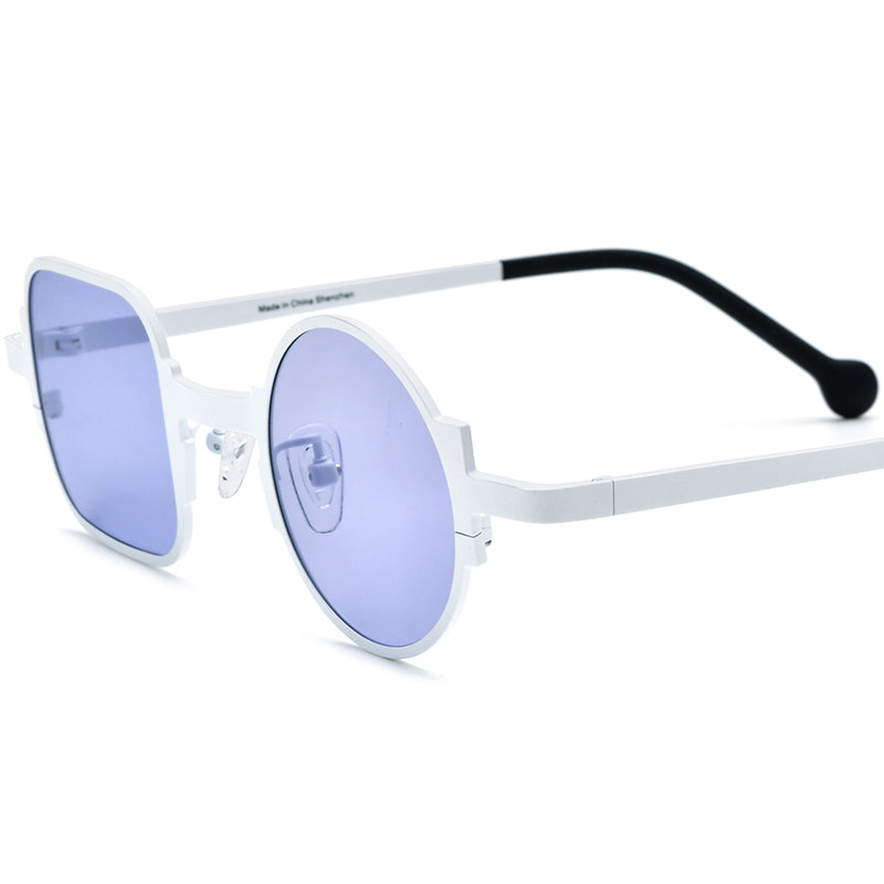 Asymmetric Titanium Square Round Polarised Sunglasses Vintage - White Purple Lens - MCROONS